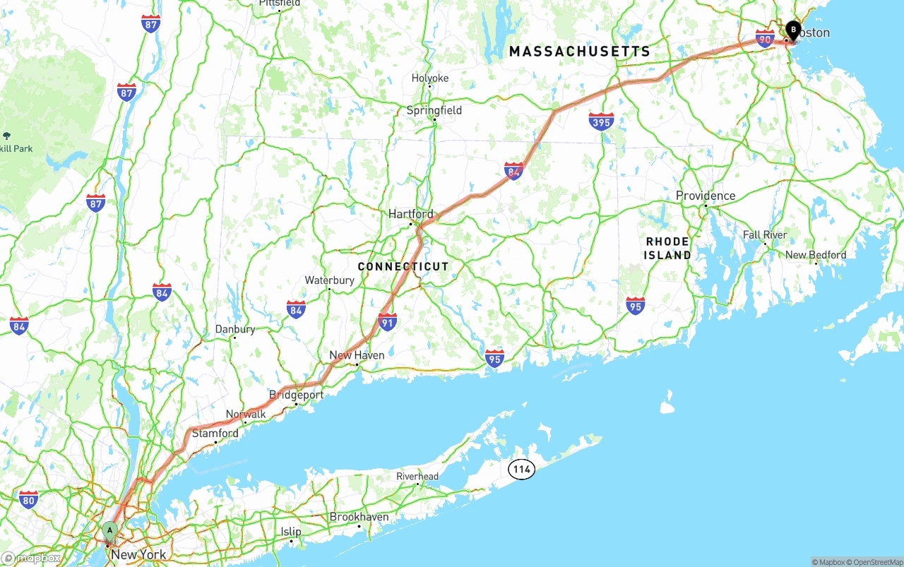 Shipping route from New York City to Port of Boston