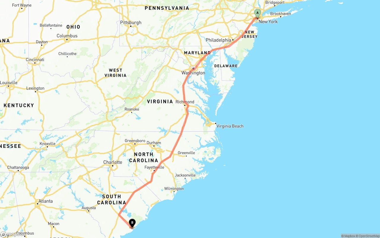 Shipping route from New York City to Port of Charleston