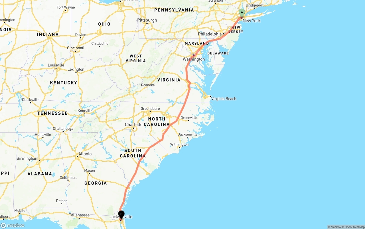 Shipping route from New York City to Port of Jacksonville