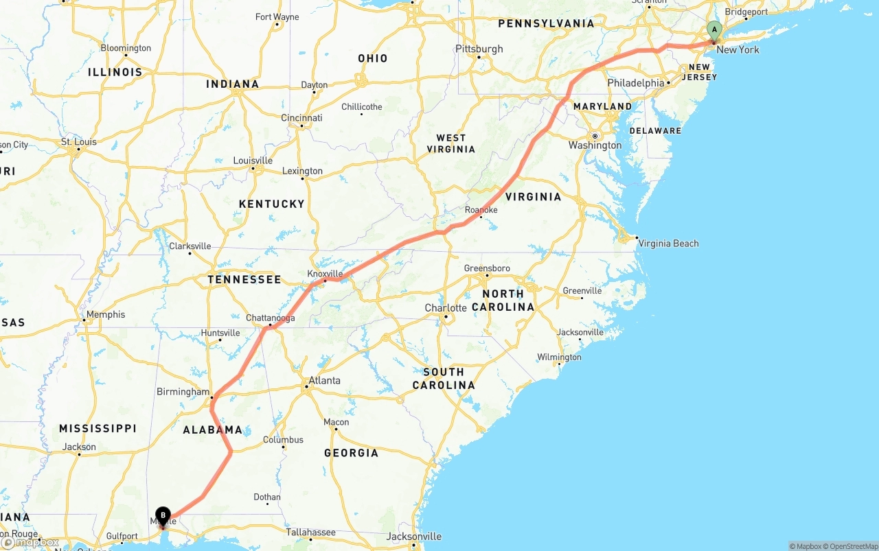 Shipping route from New York City to Port of Mobile
