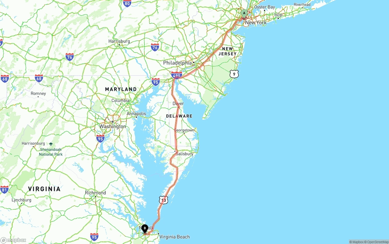 Shipping route from New York City to Port of Norfolk