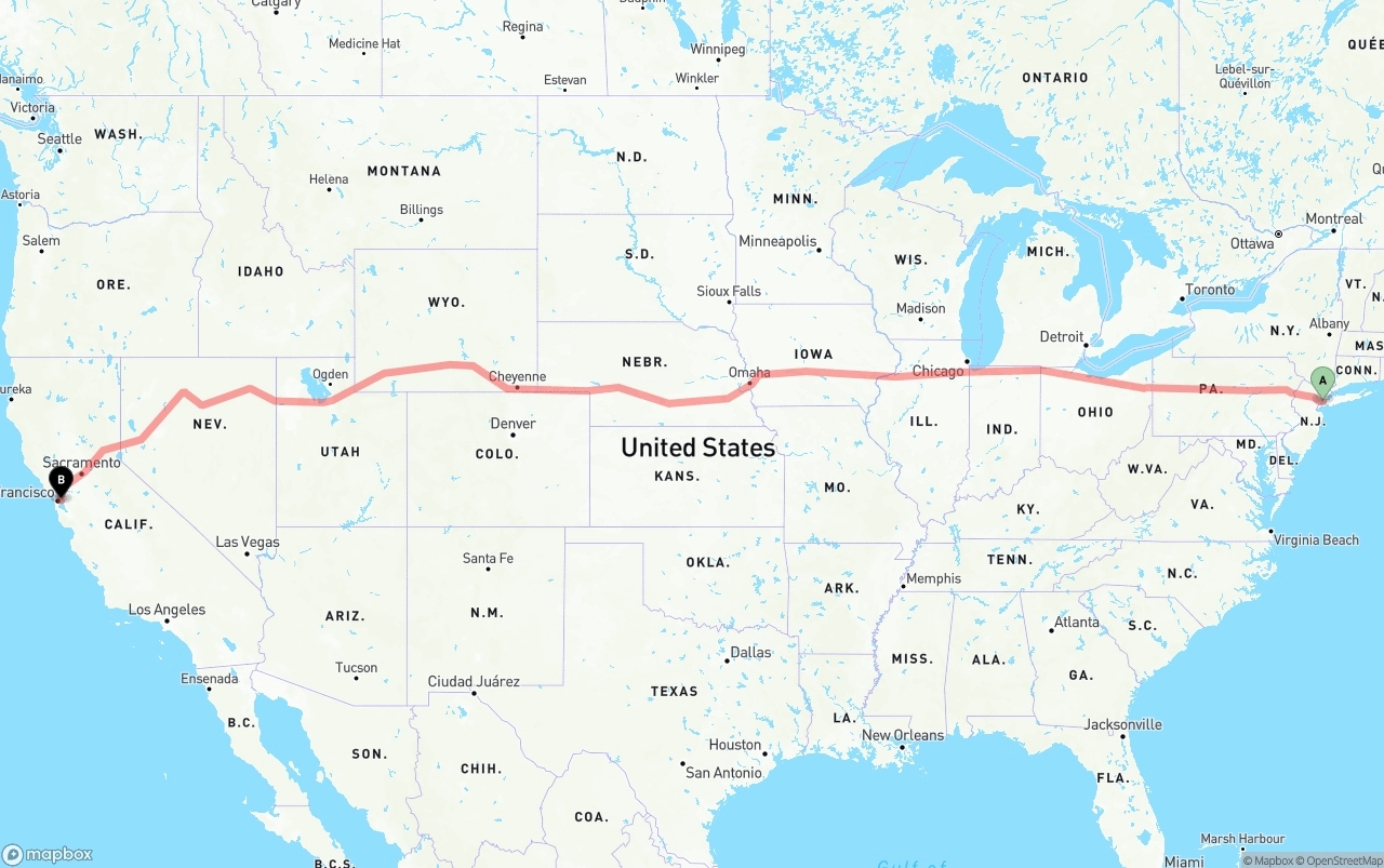 Shipping route from New York City to Port of Oakland
