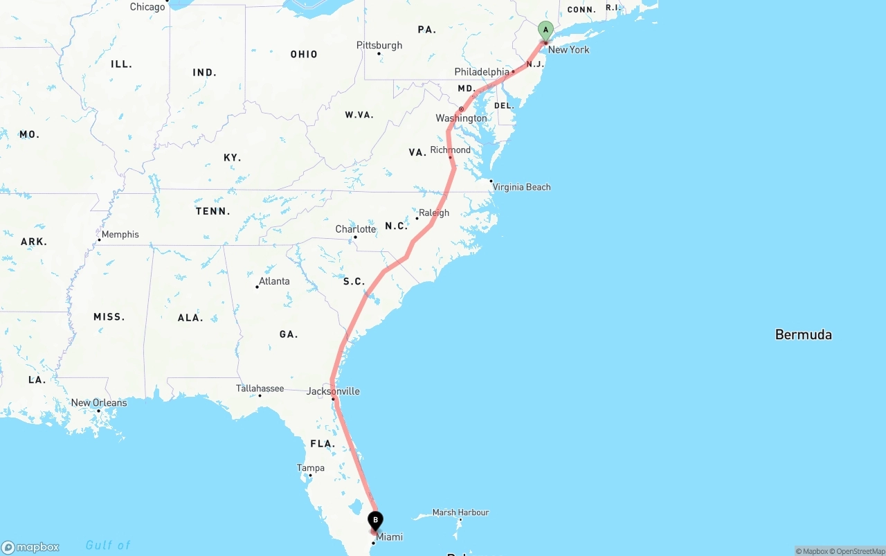 Shipping route from New York City to Port of Port Everglades