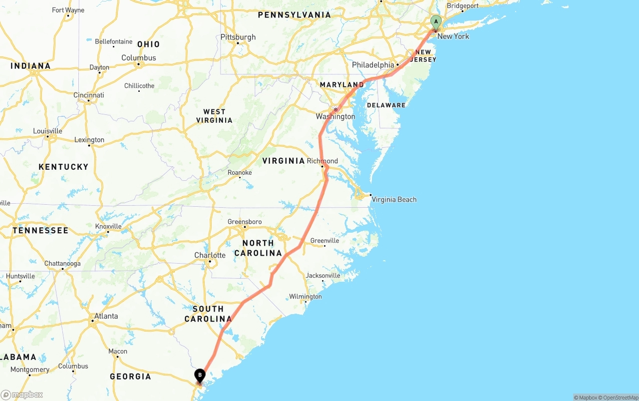 Shipping route from New York City to Port of Savannah