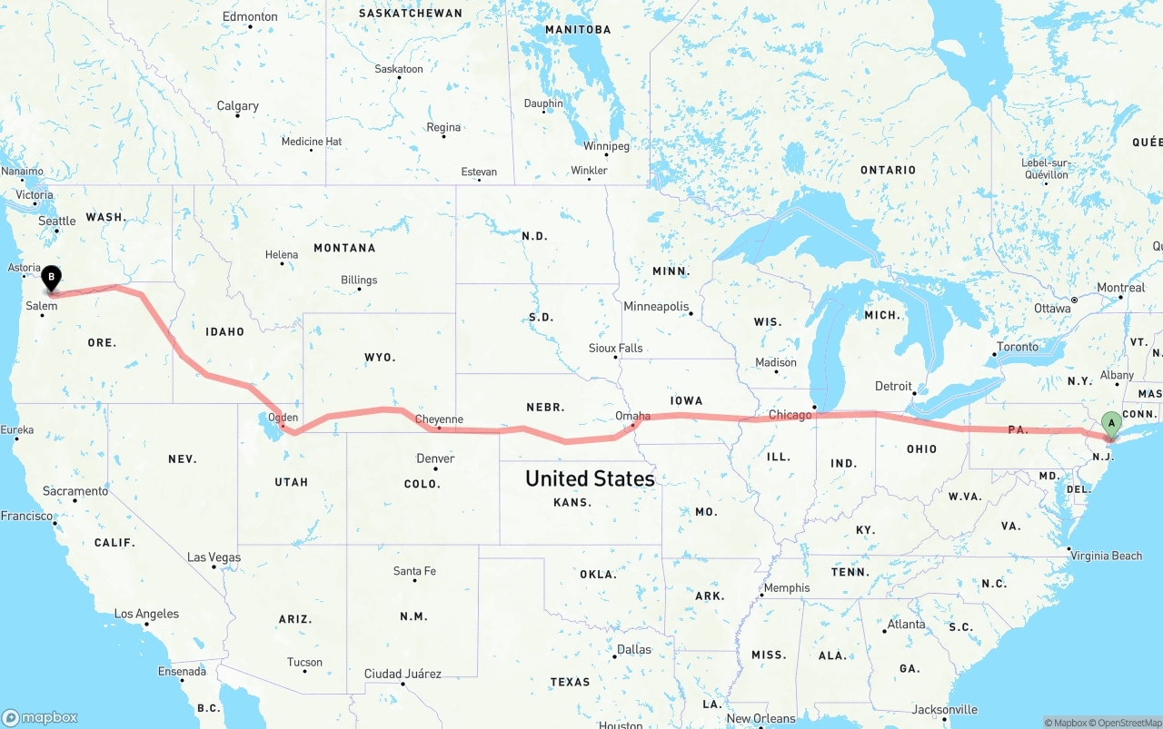 Shipping route from New York City to Portland International Airport