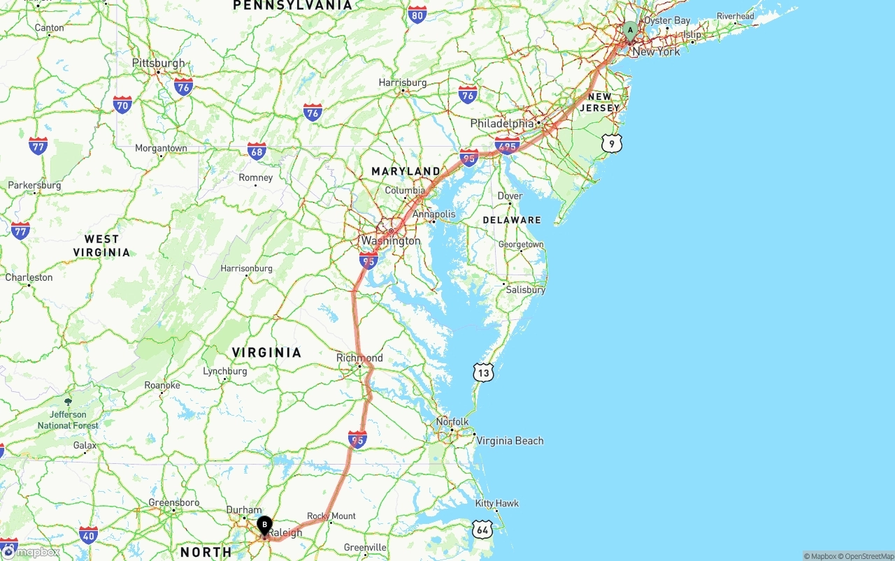Shipping route from New York City to Raleigh