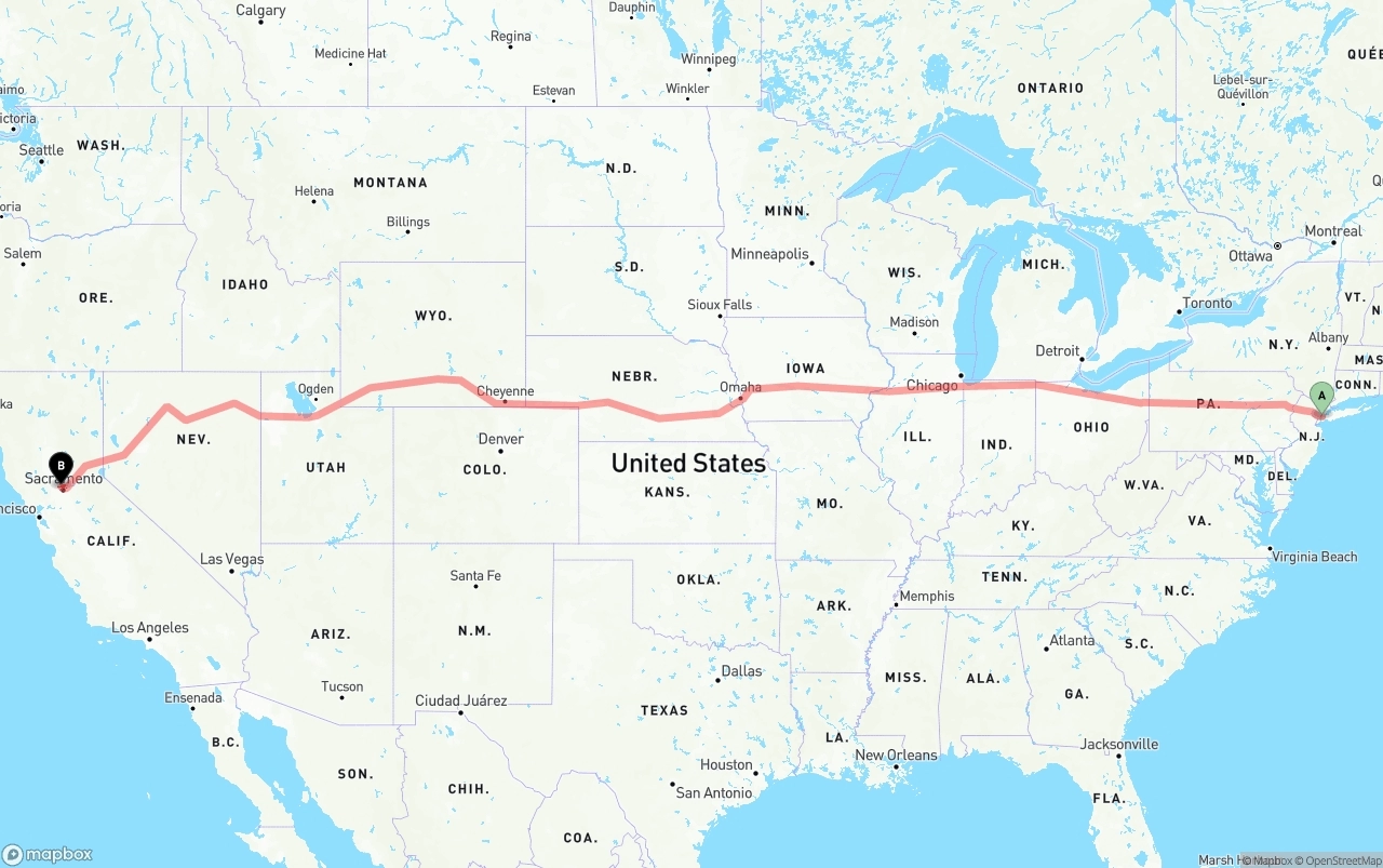 Shipping route from New York City to Sacramento International Airport
