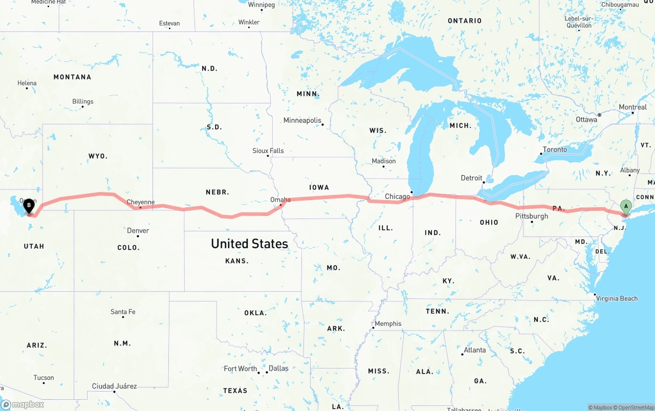 Shipping route from New York City to Salt Lake City