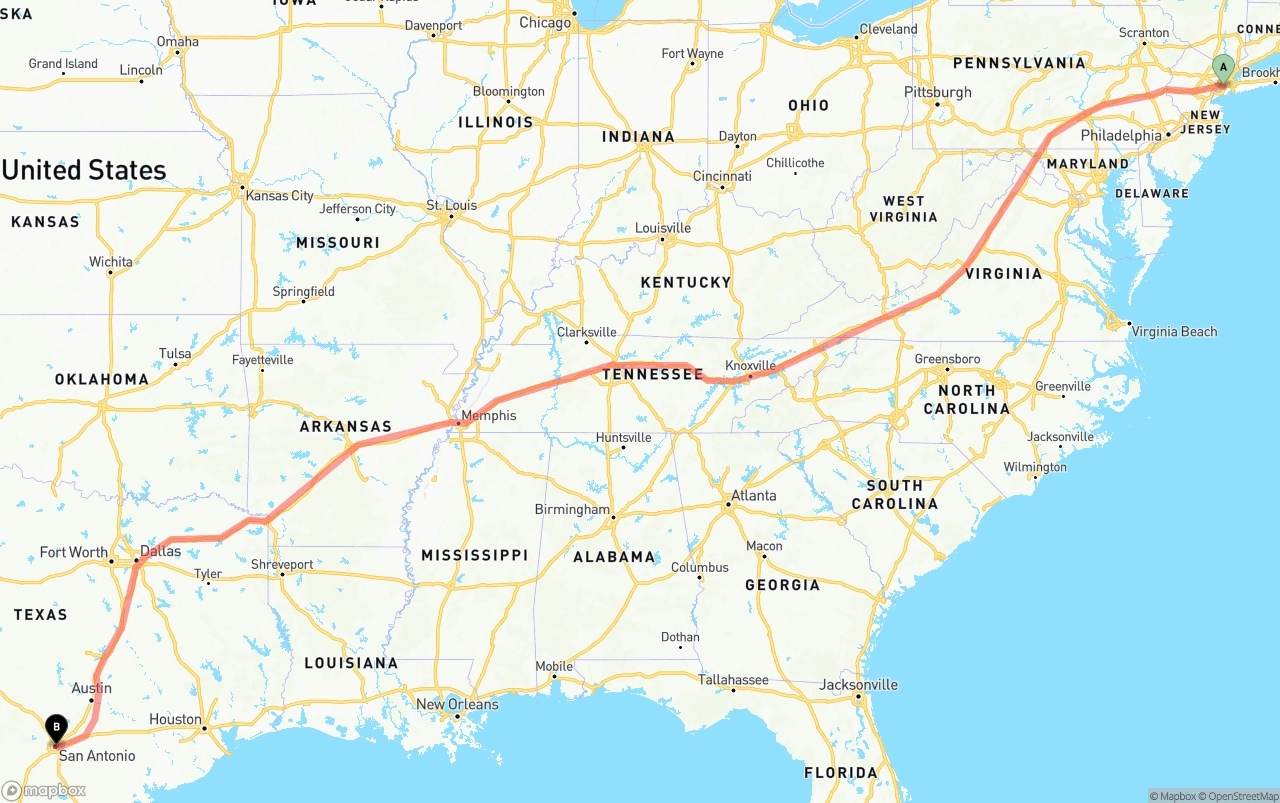 Shipping route from New York City to San Antonio