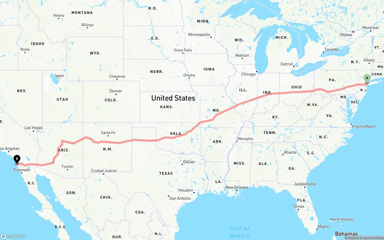 Shipping route from New York City to San Diego International Airport
