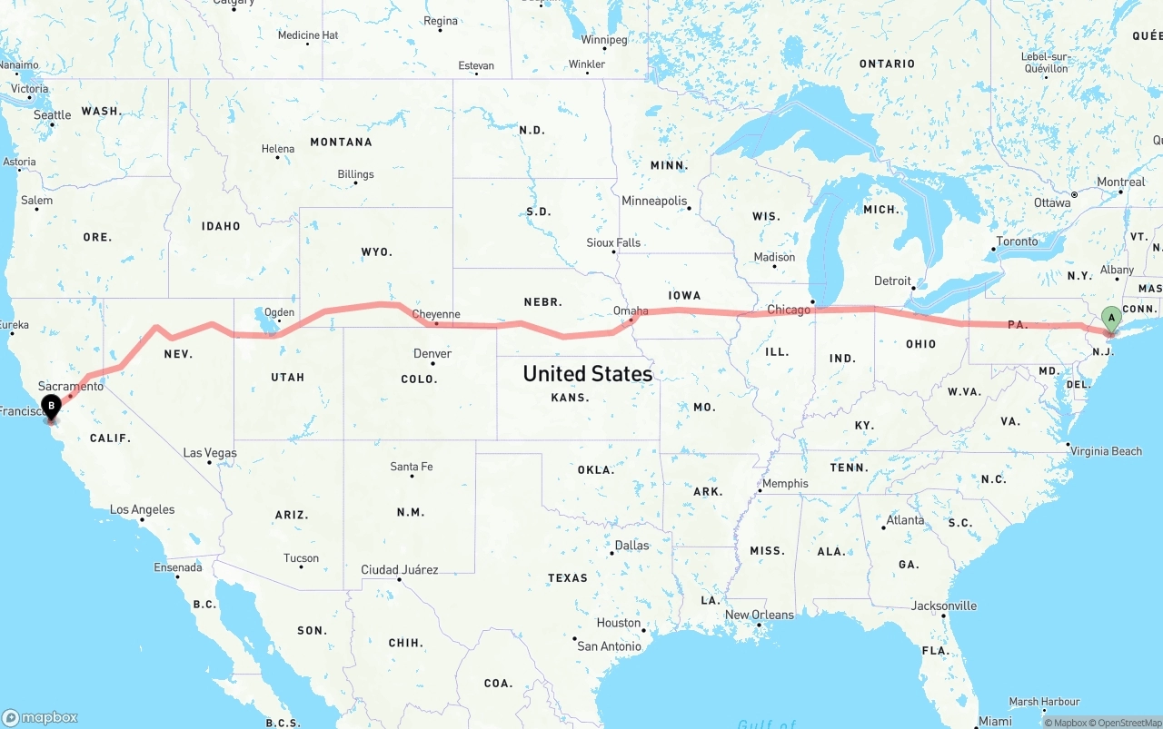 Shipping route from New York City to San Francisco International Airport