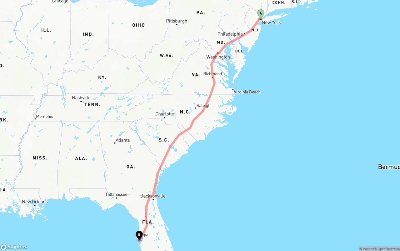 Shipping route from New York City to St. Petersburg