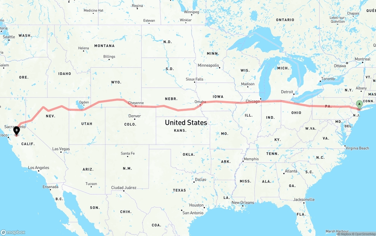 Shipping route from New York City to Stockton