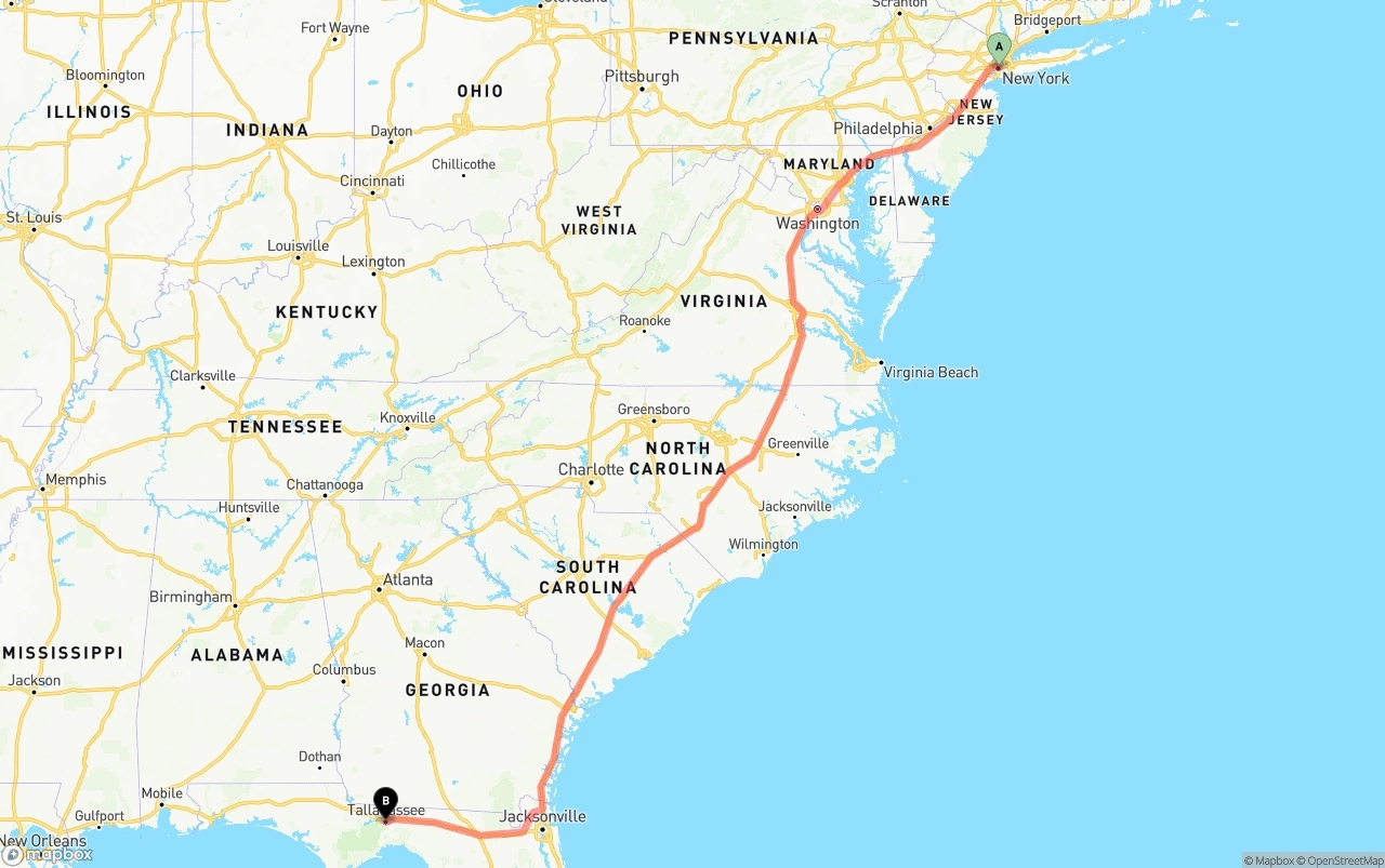 Shipping route from New York City to Tallahassee
