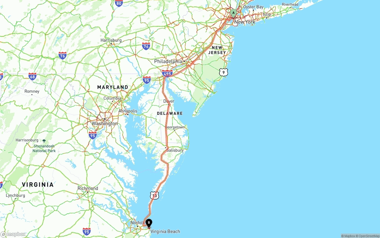 Shipping route from New York City to Virginia Beach