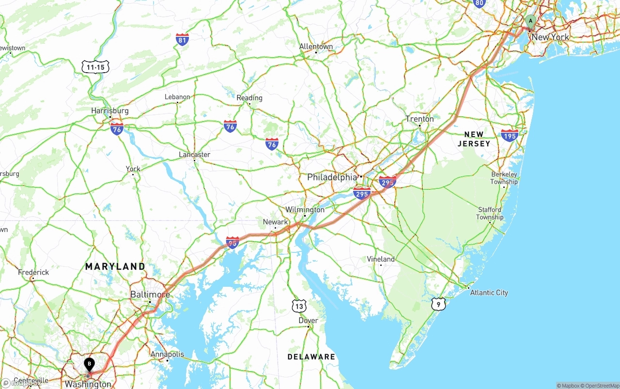 Shipping route from New York City to Washington D.C.