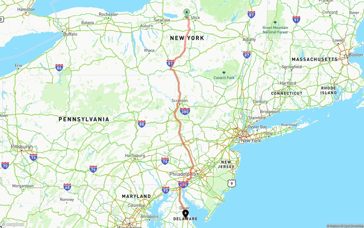 Shipping route from New York to Delaware