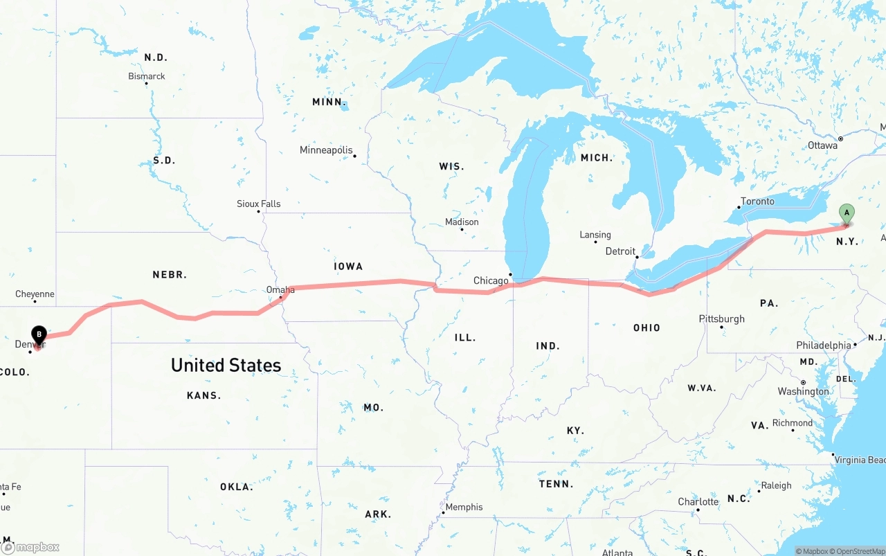 Shipping route from New York to Denver International Airport