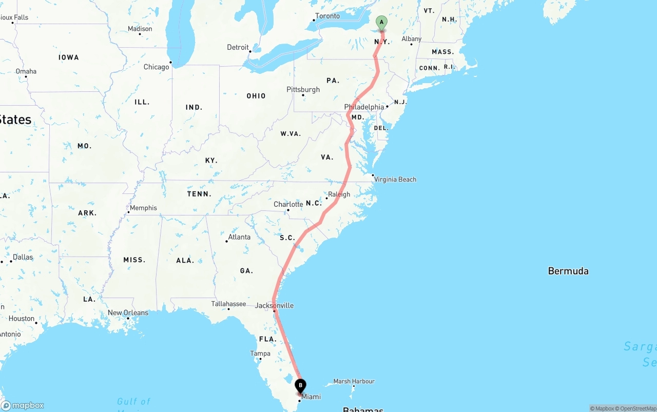 Shipping route from New York to Fort Lauderdale-Hollywood International Airport