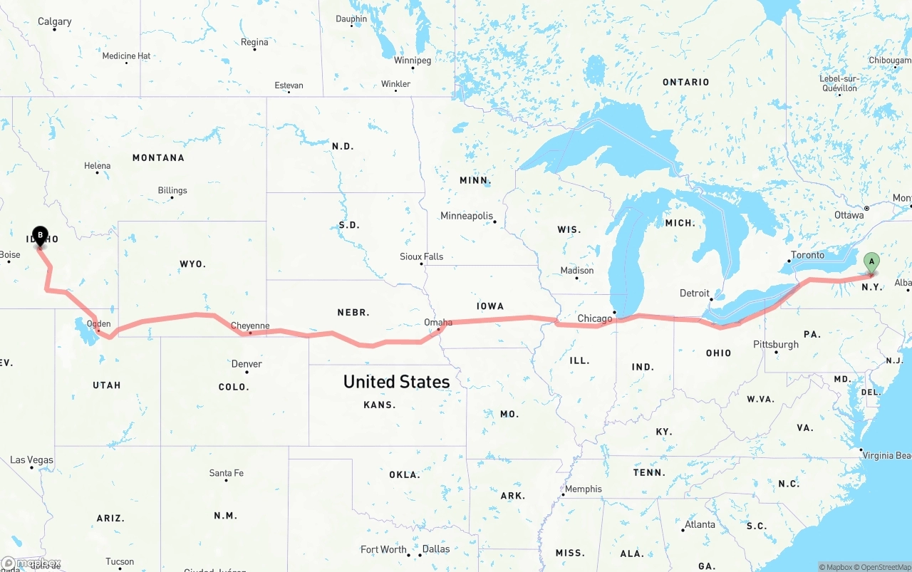 Shipping route from New York to Idaho