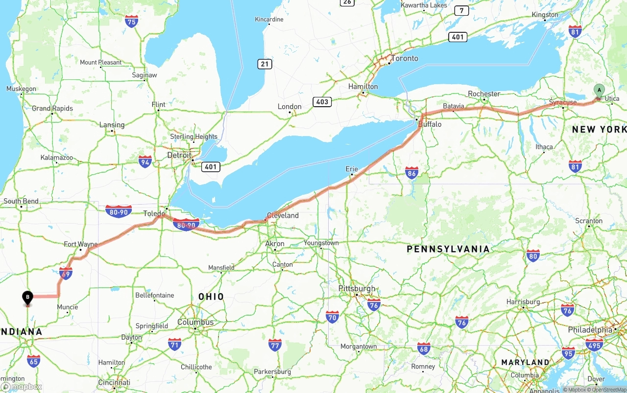 Shipping route from New York to Indiana