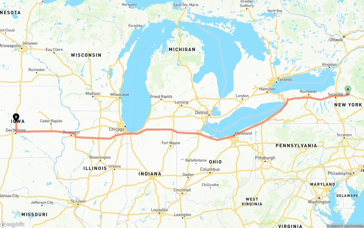 Shipping route from New York to Iowa
