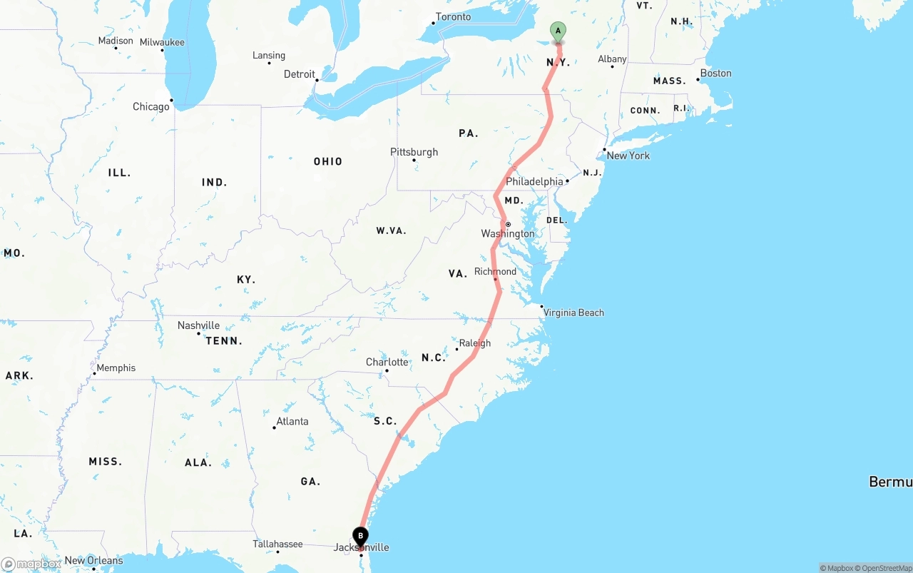Shipping route from New York to Jacksonville International Airport