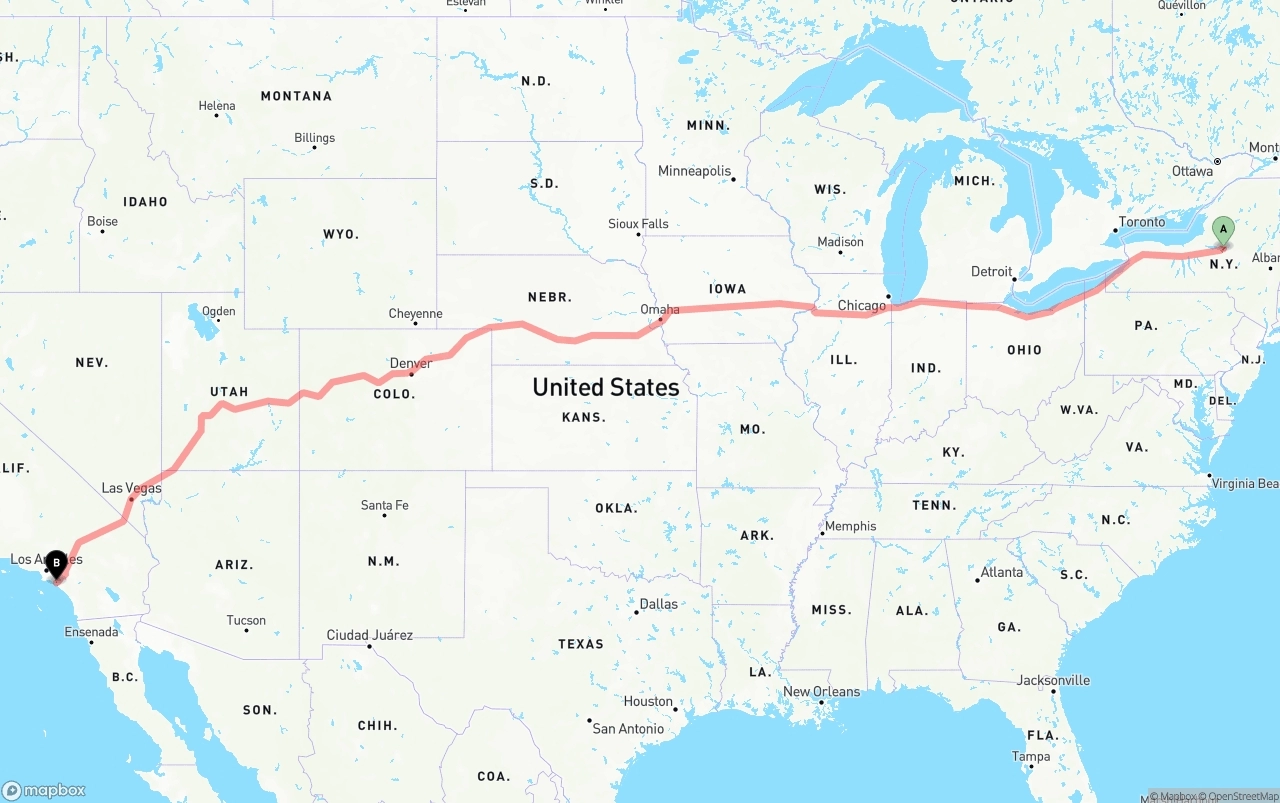 Shipping route from New York to John Wayne Airport — Orange County