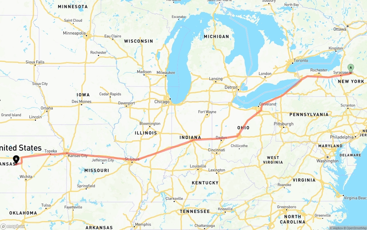 Shipping route from New York to Kansas