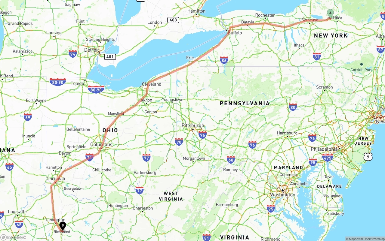 Shipping route from New York to Kentucky