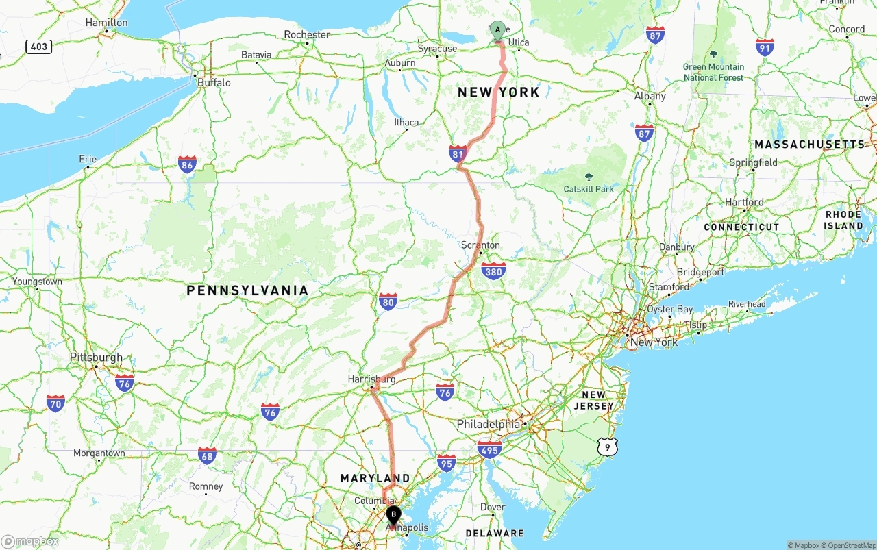 Shipping route from New York to Maryland