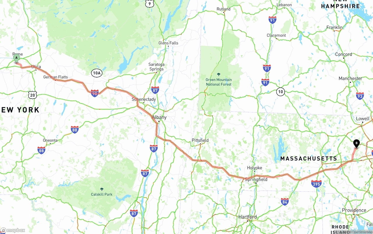 Shipping route from New York to Massachusetts