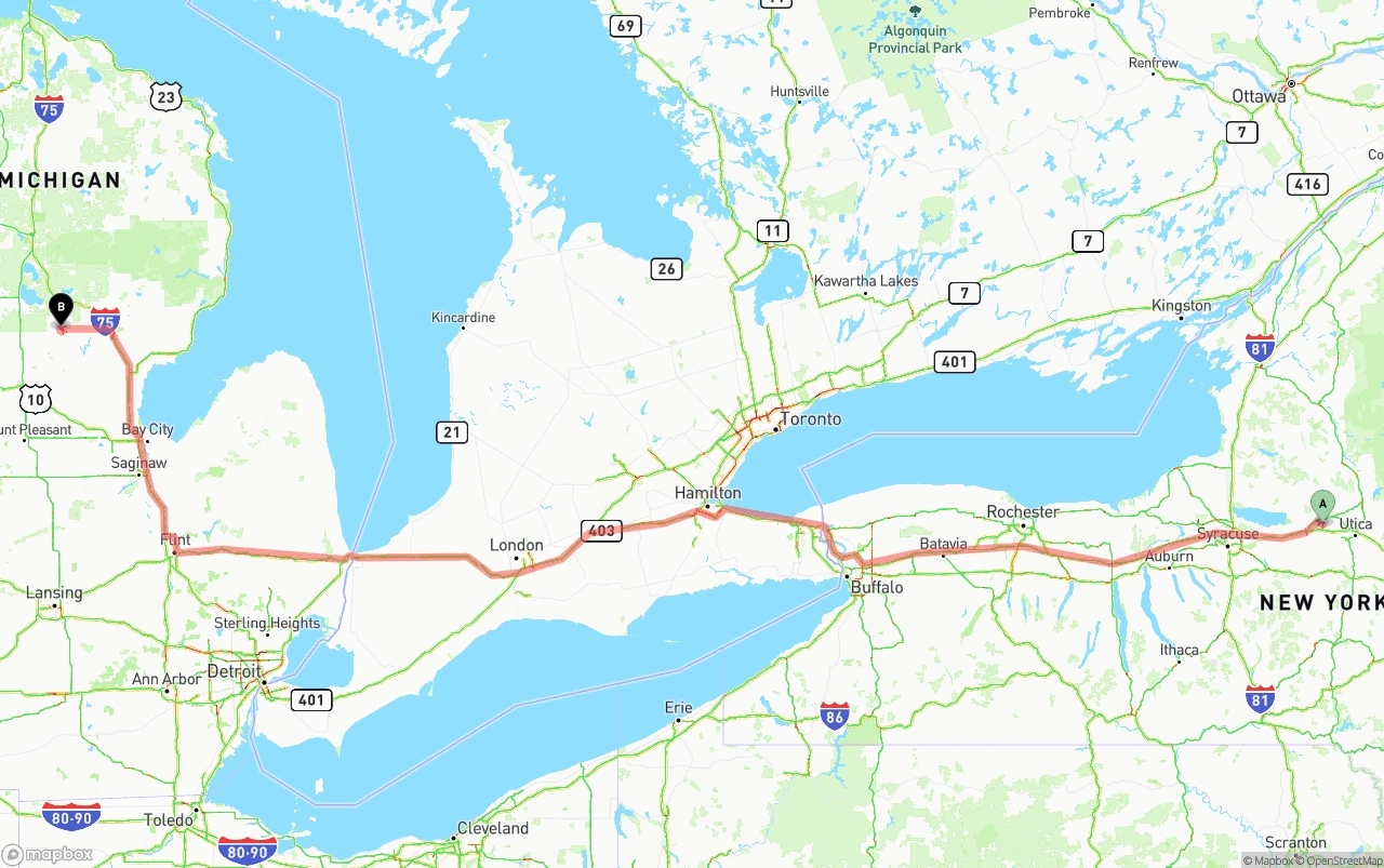 Shipping route from New York to Michigan