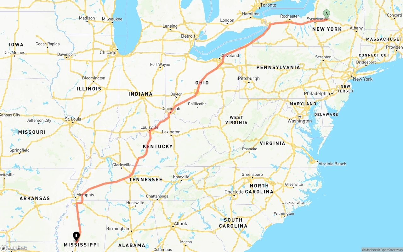 Shipping route from New York to Mississippi