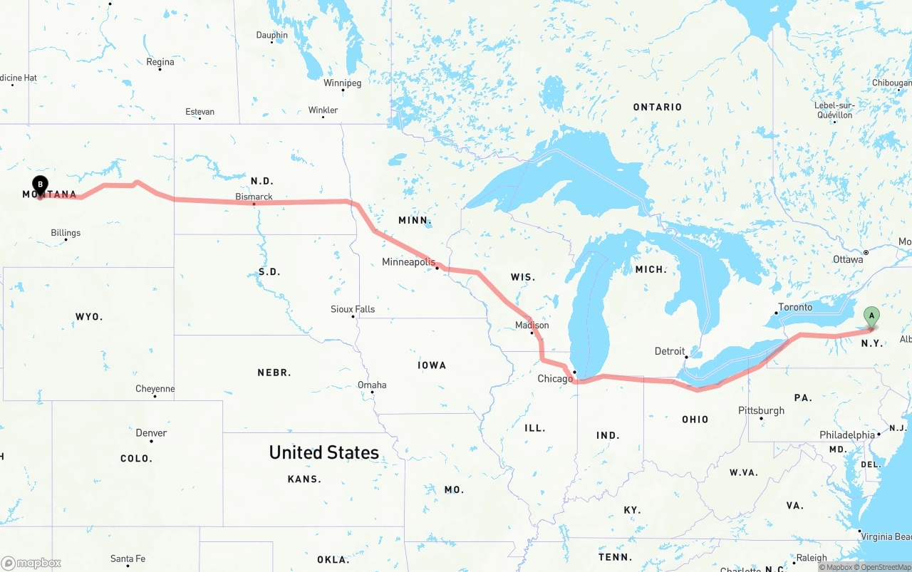 Shipping route from New York to Montana