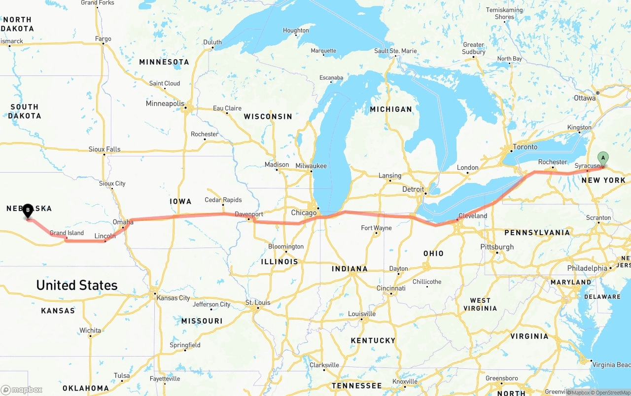 Shipping route from New York to Nebraska