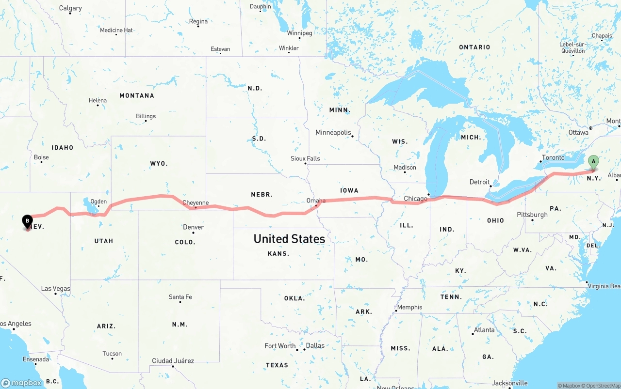 Shipping route from New York to Nevada