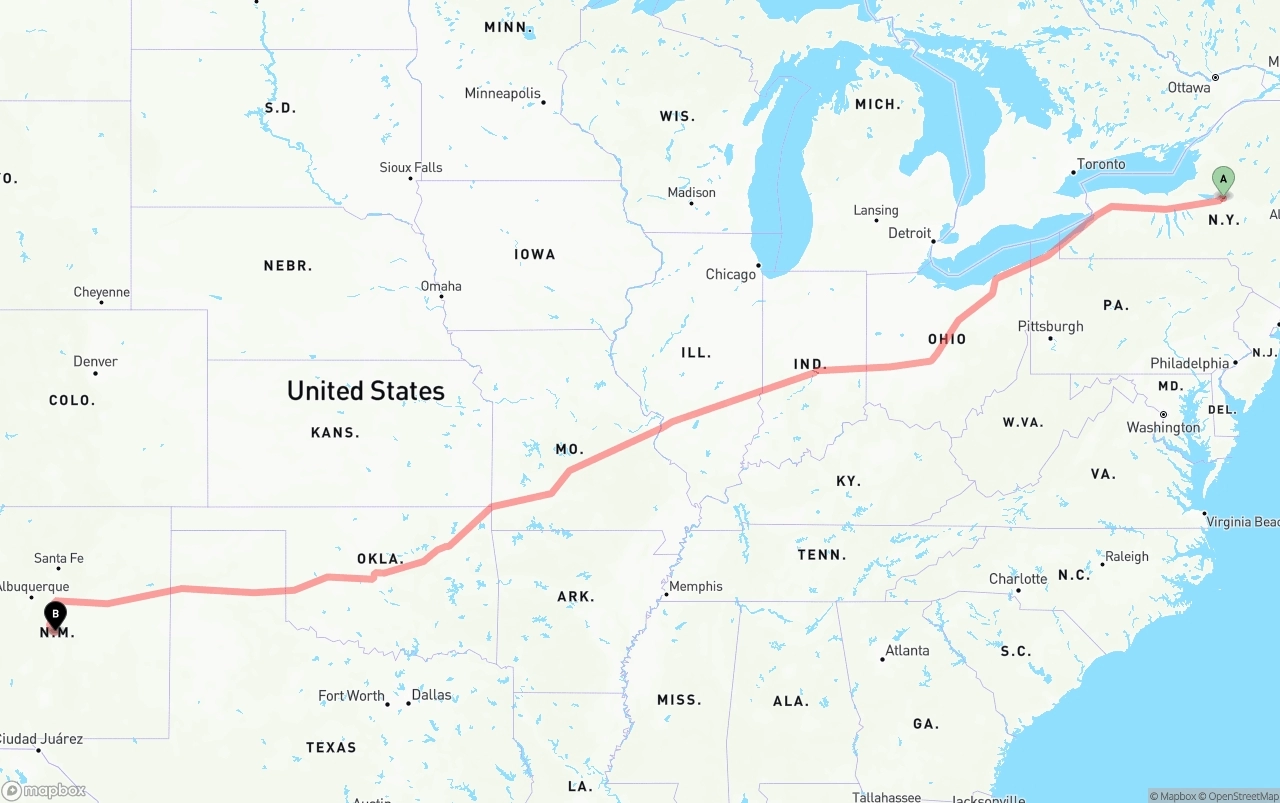 Shipping route from New York to New Mexico