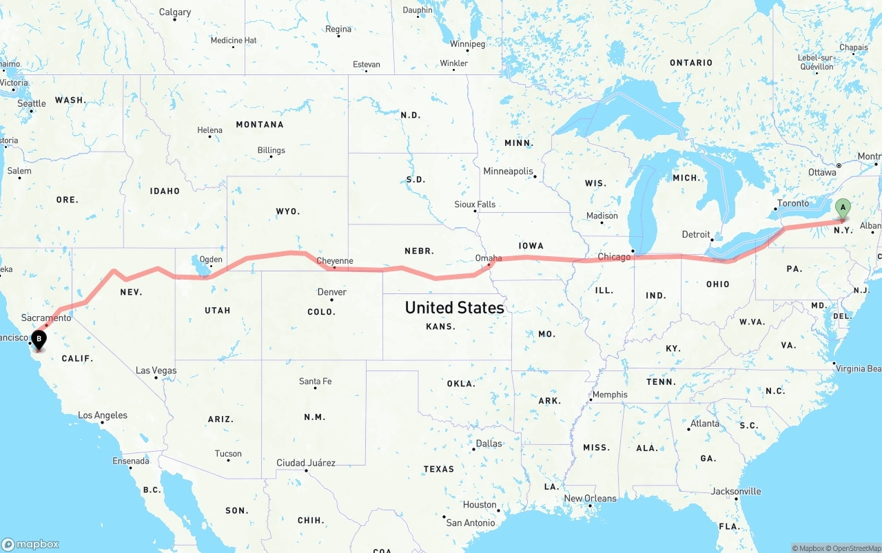 Shipping route from New York to Norman Y. Mineta San Jose International Airport
