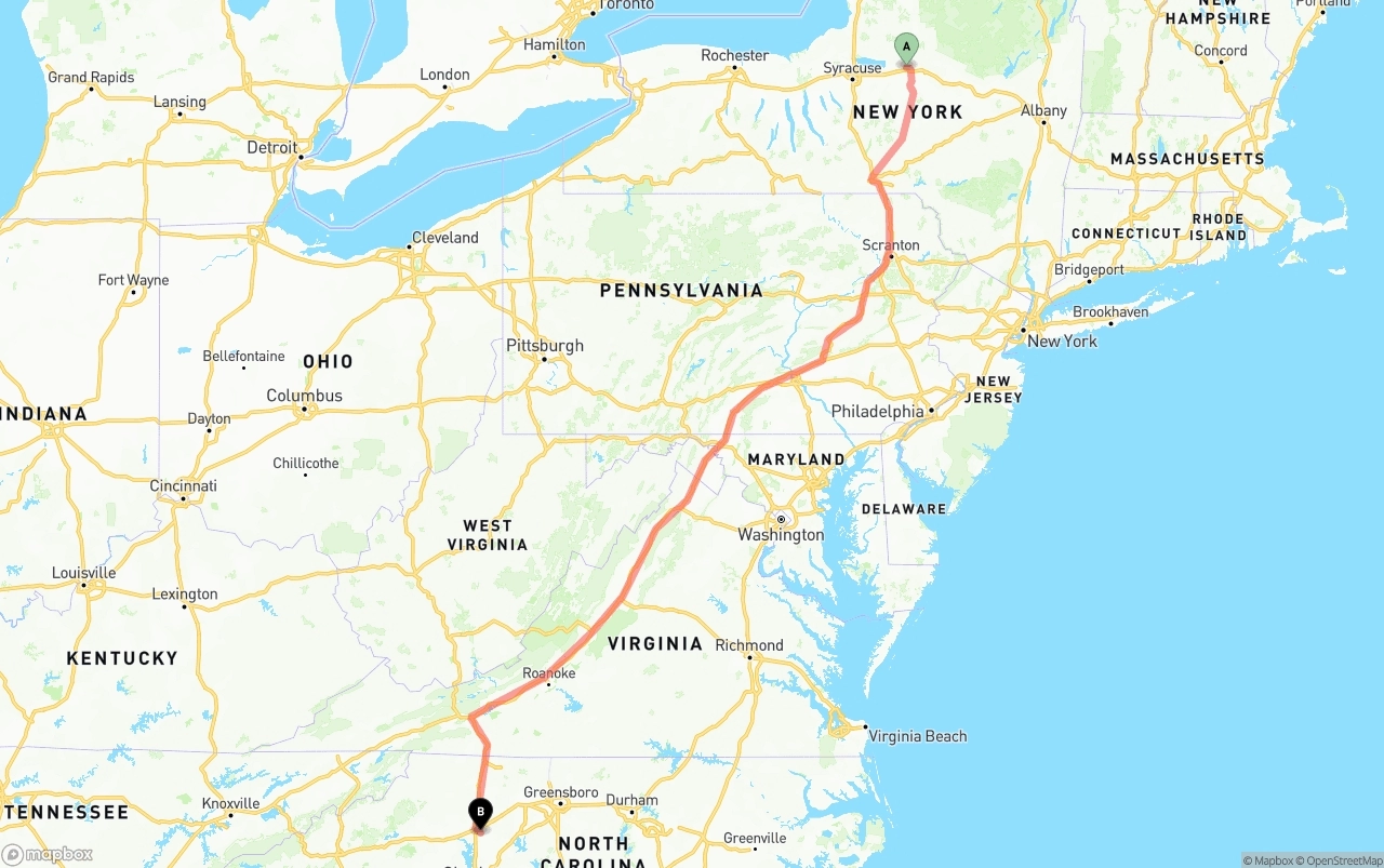 Shipping route from New York to North Carolina