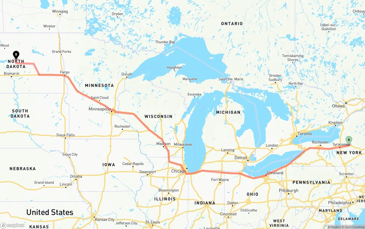 Shipping route from New York to North Dakota