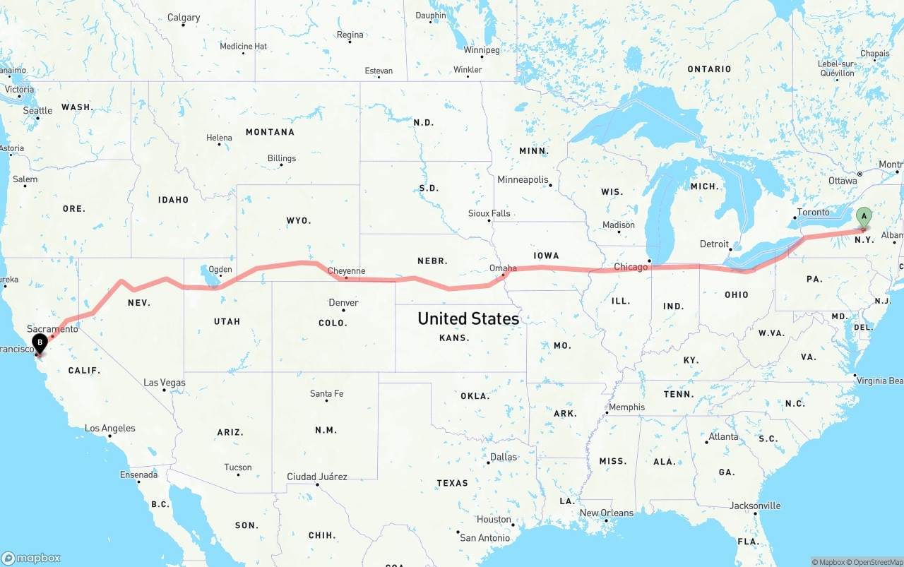 Shipping route from New York to Oakland International Airport
