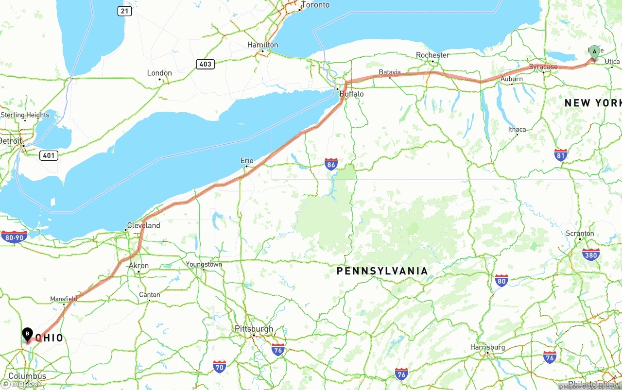 Shipping route from New York to Ohio