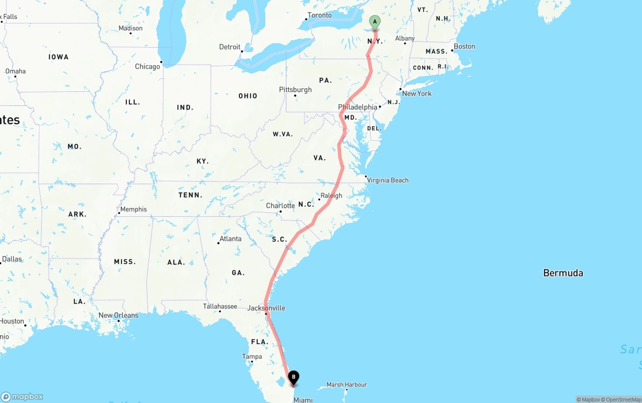 Shipping route from New York to Palm Beach International Airport