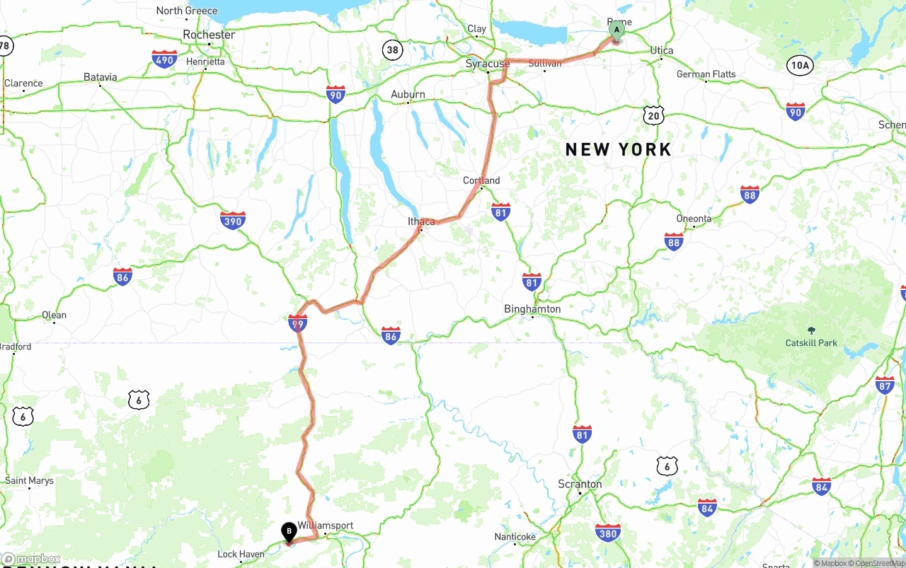 Shipping route from New York to Pennsylvania