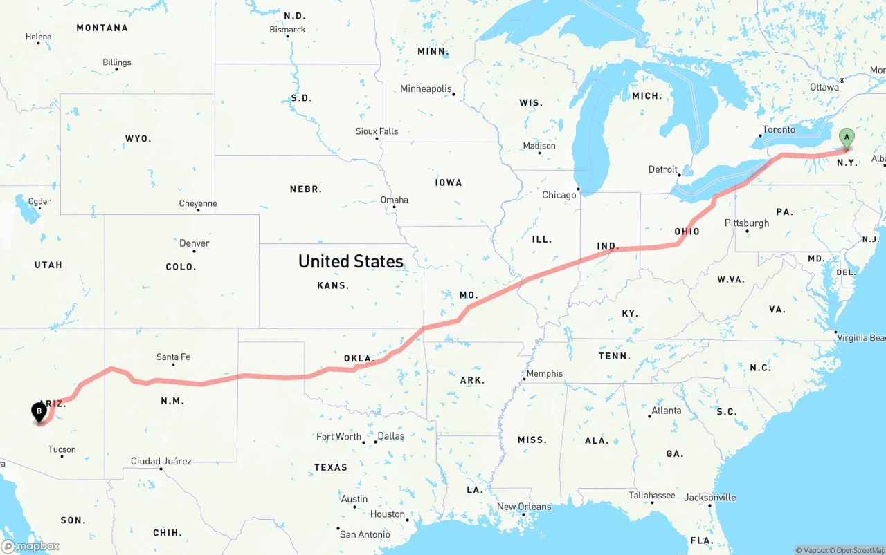Shipping route from New York to Phoenix Sky Harbor International Airport