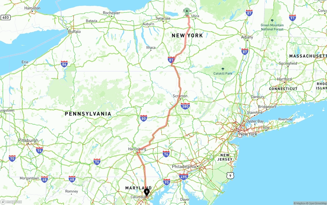 Shipping route from New York to Port of Baltimore