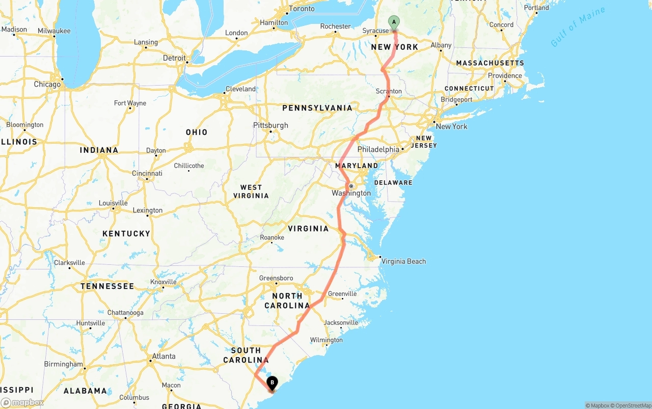 Shipping route from New York to Port of Charleston