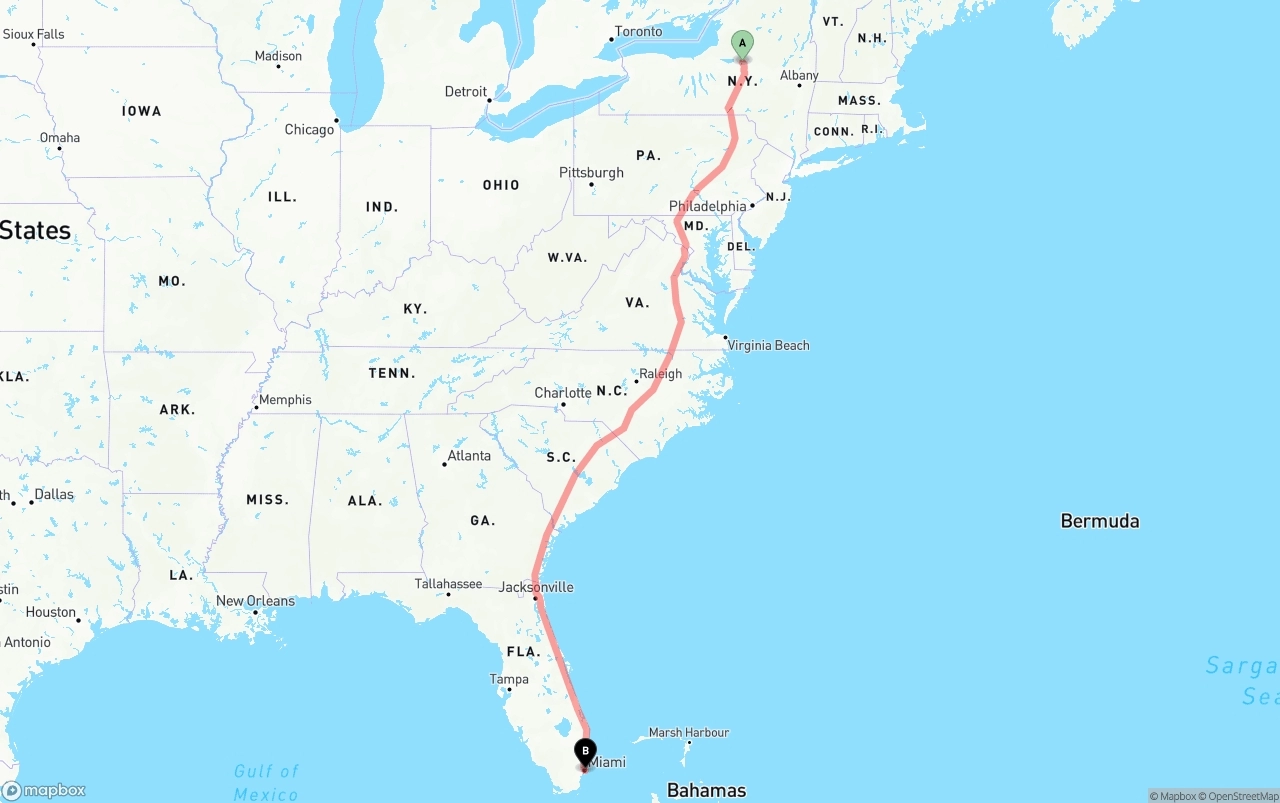 Shipping route from New York to Port of Miami