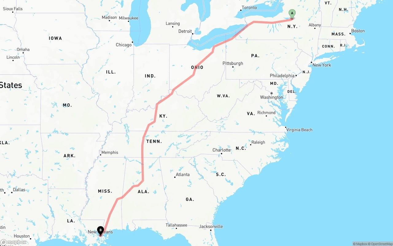 Shipping route from New York to Port of New Orleans